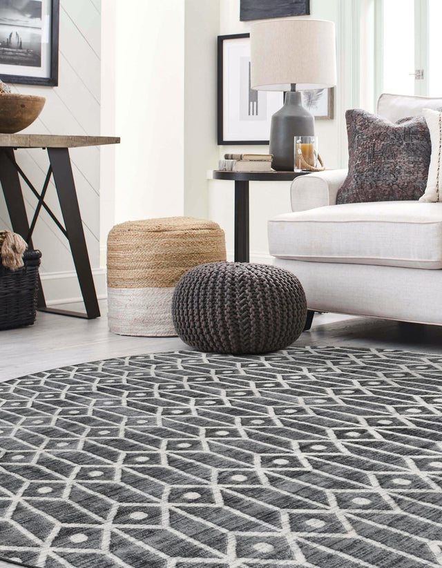 Gray 7' x 7' Matrix Trellis Round Area Rug 100% Polyester Geometric Pattern Modern Carpet for Living, Dining, Bedroom, Office for Sale at Rug Engine