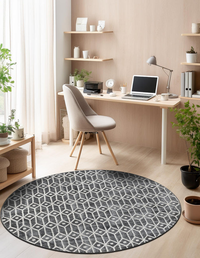 Gray 5' x 5' Matrix Trellis Round Area Rug 100% Polyester Geometric Pattern Modern Carpet for Living, Dining, Bedroom, Office for Sale at Rug Engine