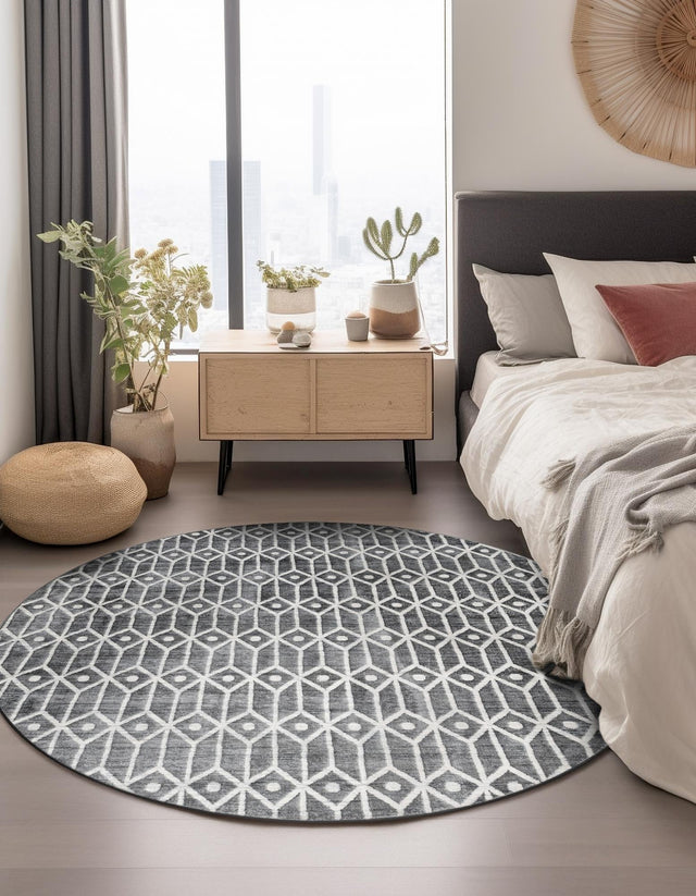 Gray 5' x 5' Matrix Trellis Round Area Rug 100% Polyester Geometric Pattern Modern Carpet for Living, Dining, Bedroom, Office for Sale at Rug Engine