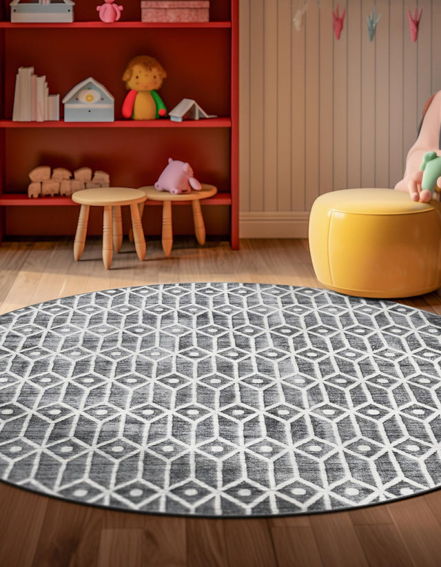 Gray 5' x 5' Matrix Trellis Round Area Rug 100% Polyester Geometric Pattern Modern Carpet for Living, Dining, Bedroom, Office for Sale at Rug Engine