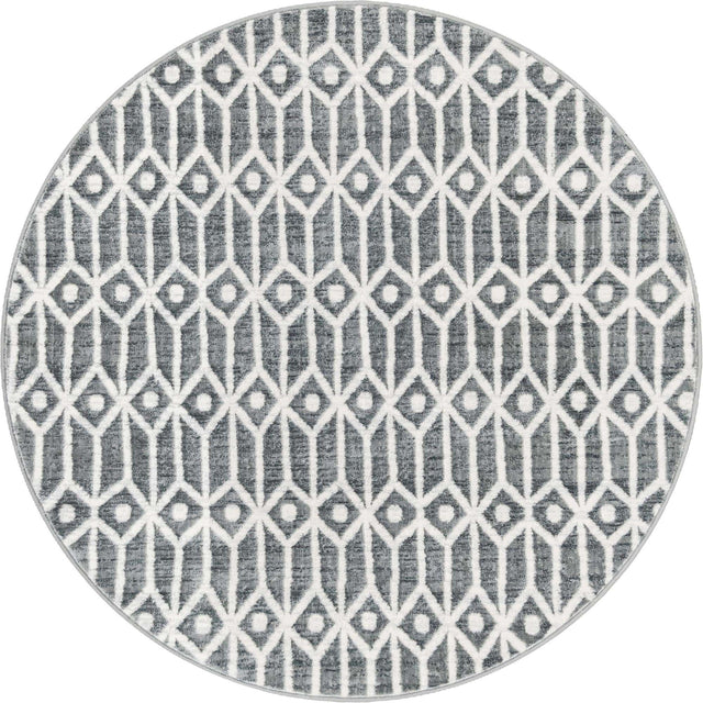 Gray 5' x 5' Matrix Trellis Round Area Rug 100% Polyester Geometric Pattern Modern Carpet for Living, Dining, Bedroom, Office for Sale at Rug Engine