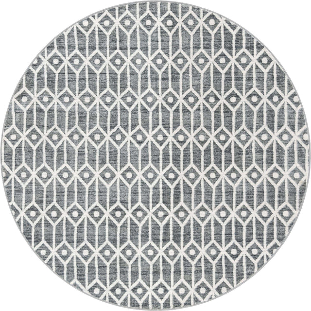 Gray 8' x 8' Matrix Trellis Round Area Rug 100% Polyester Geometric Pattern Modern Carpet for Living, Dining, Bedroom, Office for Sale at Rug Engine
