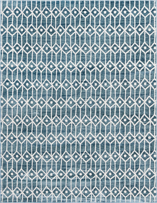 Blue 9' x 12' Matrix Trellis Rectangle Area Rug 100% Polyester Geometric Pattern Modern Carpet for Living, Dining, Bedroom, Office for Sale at Rug Engine