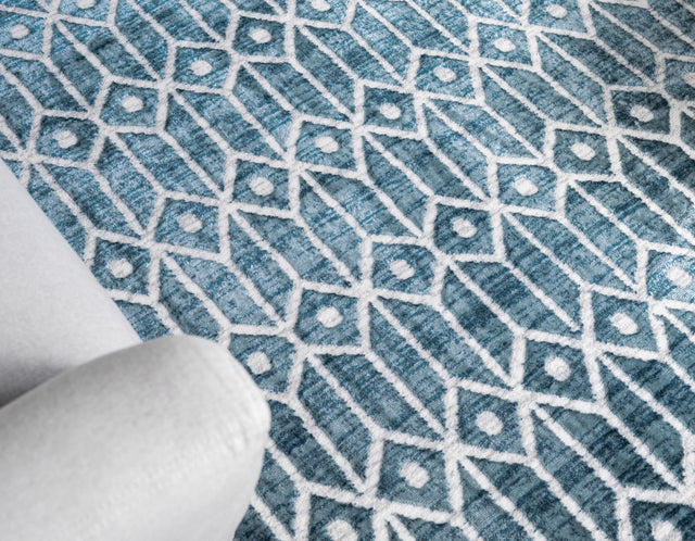 Blue 4' x 6' Matrix Trellis Rectangle Area Rug 100% Polyester Geometric Pattern Modern Carpet for Living, Dining, Bedroom, Office for Sale at Rug Engine