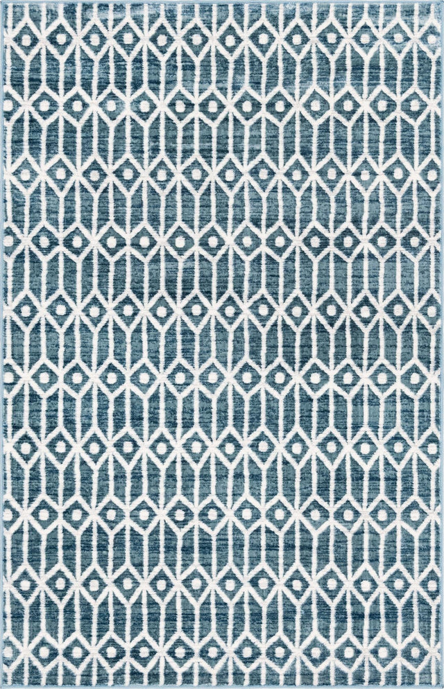 Blue 5' x 8' Matrix Trellis Rectangle Area Rug 100% Polyester Geometric Pattern Modern Carpet for Living, Dining, Bedroom, Office for Sale at Rug Engine