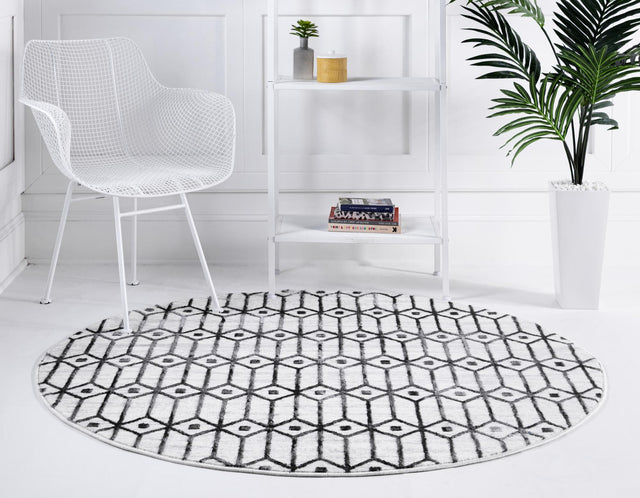 White 5' 1 x 5' 1 Matrix Trellis Round Area Rug 100% Polyester Geometric Pattern Modern Carpet for Living, Dining, Bedroom, Office for Sale at Rug Engine