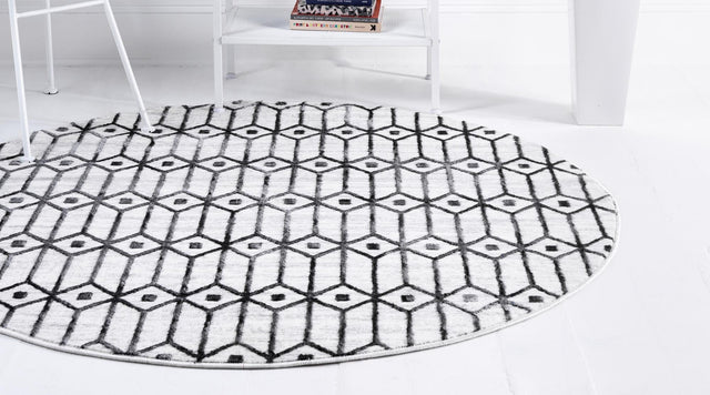 White 5' 1 x 5' 1 Matrix Trellis Round Area Rug 100% Polyester Geometric Pattern Modern Carpet for Living, Dining, Bedroom, Office for Sale at Rug Engine