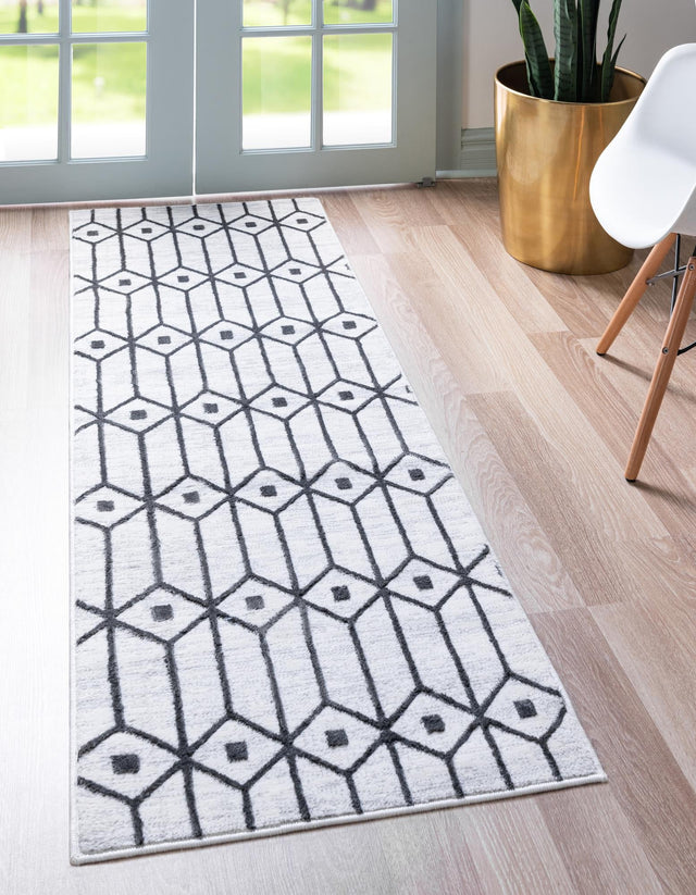 White 2' 7 x 13' Matrix Trellis Runner Area Rug 100% Polyester Geometric Pattern Modern Carpet for Living, Dining, Bedroom, Office for Sale at Rug Engine