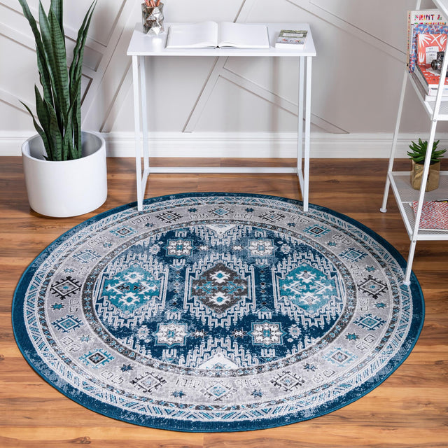 Blue 8' x 8' Aarhus Round Area Rug 100% Polypropylene With Jute Foundation Living Room Bedroom Carpet for Sale at Rug Engine
