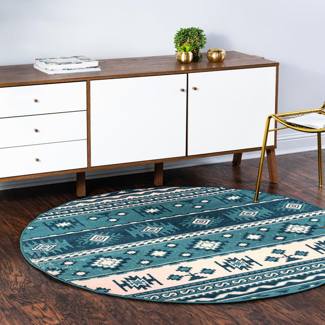 Blue 5' 3 x 5' 3 Lucerne Round Area Rug 100% Polypropylene Traditional Classic Easy Clean Carpet for Kitchens, Living Rooms, Bedroom, Office for Sale at Rug Engine