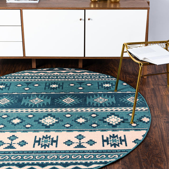 Blue 5' 3 x 5' 3 Lucerne Round Area Rug 100% Polypropylene Traditional Classic Easy Clean Carpet for Kitchens, Living Rooms, Bedroom, Office for Sale at Rug Engine