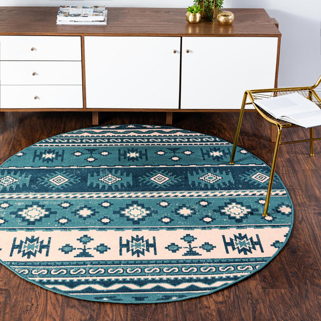 Blue 5' 3 x 5' 3 Lucerne Round Area Rug 100% Polypropylene Traditional Classic Easy Clean Carpet for Kitchens, Living Rooms, Bedroom, Office for Sale at Rug Engine