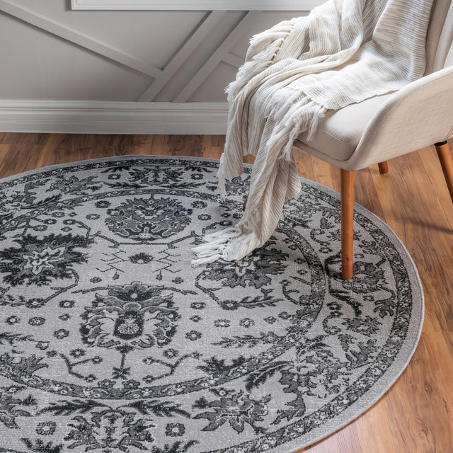 Light Gray 5' 3 x 5' 3 Lucerne Round Area Rug 100% Polypropylene Traditional Classic Easy Clean Carpet for Kitchens, Living Rooms, Bedroom, Office for Sale at Rug Engine