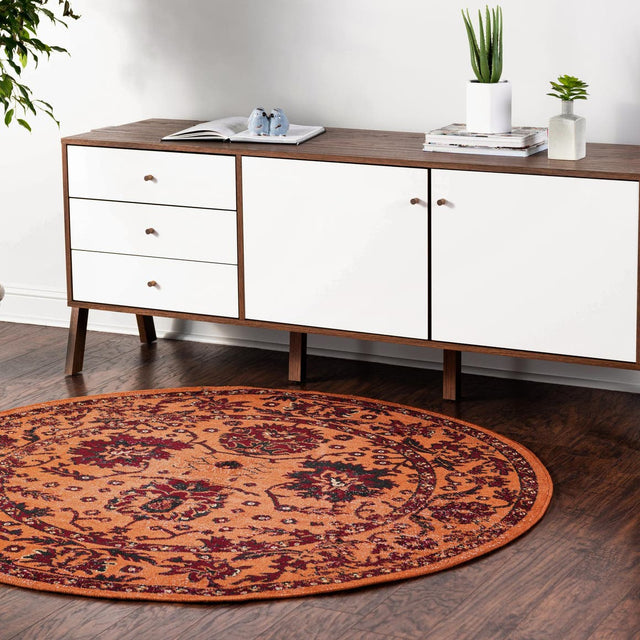 Orange 5' 3 x 5' 3 Lucerne Round Area Rug 100% Polypropylene Traditional Classic Easy Clean Carpet for Kitchens, Living Rooms, Bedroom, Office for Sale at Rug Engine