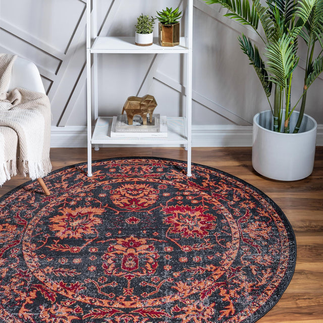 Black 7' 10 x 7' 10 Lucerne Round Area Rug 100% Polypropylene Traditional Classic Easy Clean Carpet for Kitchens, Living Rooms, Bedroom, Office for Sale at Rug Engine