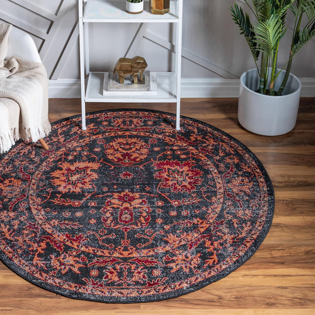 Black 7' 10 x 7' 10 Lucerne Round Area Rug 100% Polypropylene Traditional Classic Easy Clean Carpet for Kitchens, Living Rooms, Bedroom, Office for Sale at Rug Engine