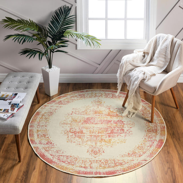 Ivory 5' 3 x 5' 3 Lucerne Round Area Rug 100% Polypropylene Traditional Classic Easy Clean Carpet for Kitchens, Living Rooms, Bedroom, Office for Sale at Rug Engine