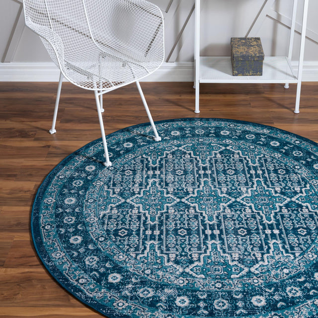 Blue 5' 3 x 5' 3 Lucerne Round Area Rug 100% Polypropylene Traditional Classic Easy Clean Carpet for Kitchens, Living Rooms, Bedroom, Office for Sale at Rug Engine