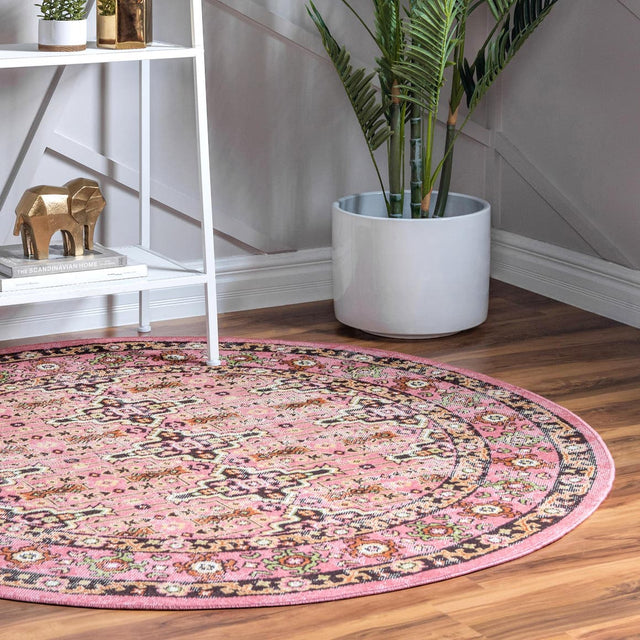 Pink 5' 3 x 5' 3 Lucerne Round Area Rug 100% Polypropylene Traditional Classic Easy Clean Carpet for Kitchens, Living Rooms, Bedroom, Office for Sale at Rug Engine