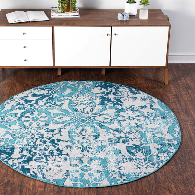 Blue 5' 3 x 5' 3 Lucerne Round Area Rug 100% Polypropylene Traditional Classic Easy Clean Carpet for Kitchens, Living Rooms, Bedroom, Office for Sale at Rug Engine