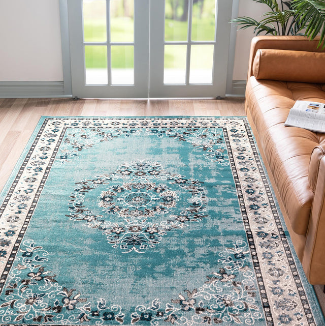 Blue 5' 3 x 8' Lucerne Rectangle Area Rug 100% Polypropylene Traditional Classic Easy Clean Carpet for Kitchens, Living Rooms, Bedroom, Office for Sale at Rug Engine