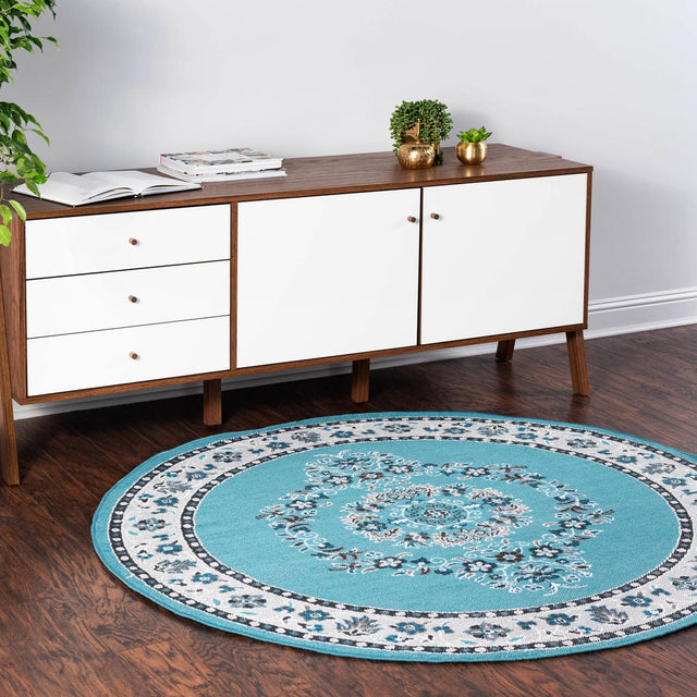 Blue 5' 3 x 5' 3 Lucerne Round Area Rug 100% Polypropylene Traditional Classic Easy Clean Carpet for Kitchens, Living Rooms, Bedroom, Office for Sale at Rug Engine