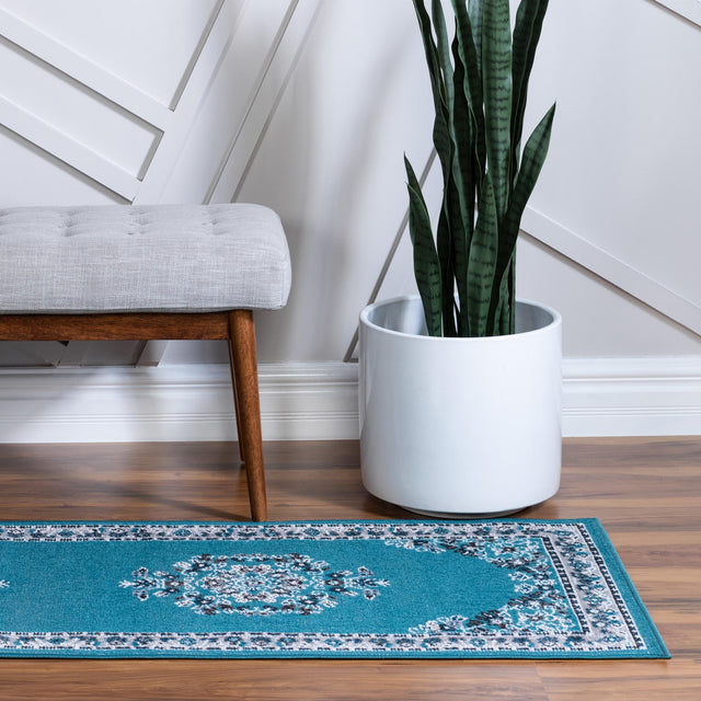 Blue 2' 7 x 10' Lucerne Runner Area Rug 100% Polypropylene Traditional Classic Easy Clean Carpet for Kitchens, Living Rooms, Bedroom, Office for Sale at Rug Engine