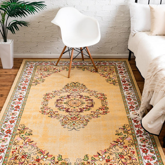Yellow 4' 1 x 6' 1 Lucerne Rectangle Area Rug 100% Polypropylene Traditional Classic Easy Clean Carpet for Kitchens, Living Rooms, Bedroom, Office for Sale at Rug Engine