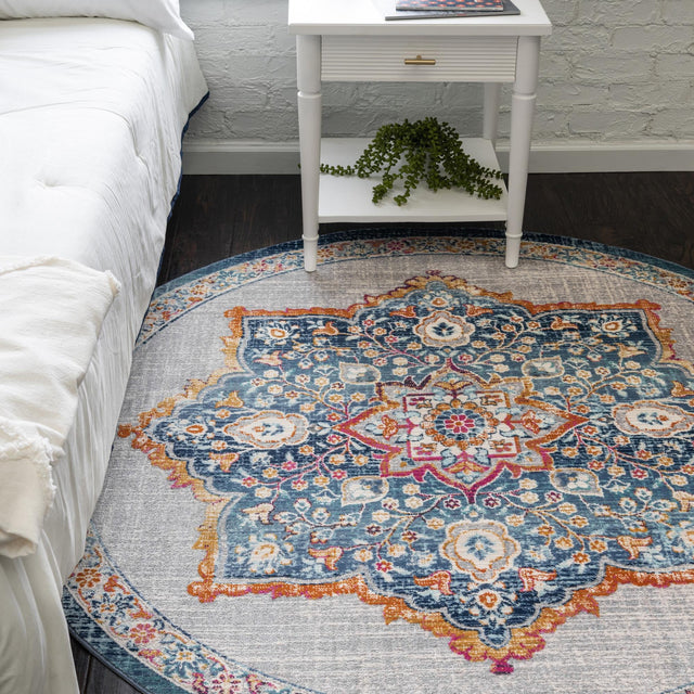 Blue 5' 1 x 5' 1 Budapest Round Area Rug 70% Polypropylene & 30% Polyester With Cotton Backing Traditional Classical Room Carpet for Sale at Rug Engine