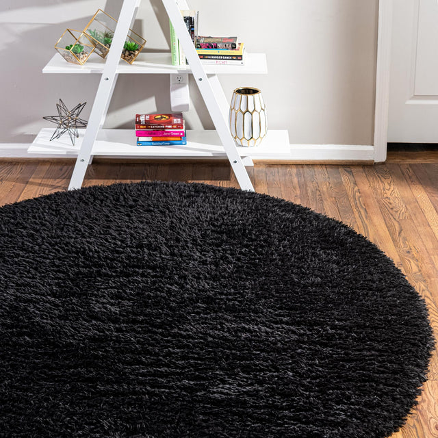 Onyx Black 6' 7 x 6' 7 Infinity Shag Round Area Rug Thick Soft Touch Fluffy & Plush Shaggy Pile 100% Polypropylene With Jute Backing Solid Color Minimalist Carpet for Sale at Rug Engine