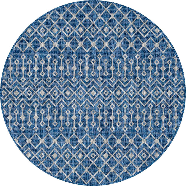 Blue 5' 3 x 5' 3 Outdoor Trellis Round Area Rug Weather Resistant for Patio, Deck, Terrace, Balcony, Porch Geometric Design Water Safe Outside Carpet for Sale at Rug Engine