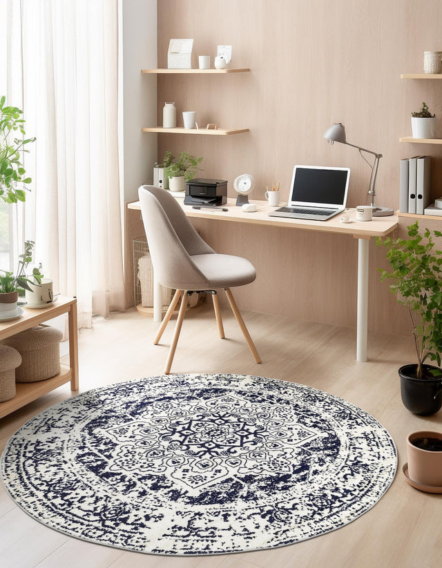 Blue 5' 3 x 5' 3 Richmond Round Area Rug Vintage Distressed Look Traditional Design Carpet for Unique Home Interior Design for Sale at Rug Engine