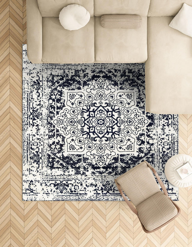 Blue 7' 10 x 7' 10 Richmond Square Area Rug Vintage Distressed Look Traditional Design Carpet for Unique Home Interior Design for Sale at Rug Engine