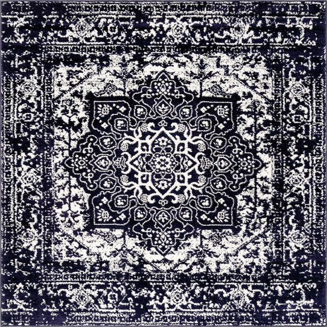 Navy Blue 7' 10 x 7' 10 Richmond Square Area Rug Vintage Distressed Look Traditional Design Carpet for Unique Home Interior Design for Sale at Rug Engine