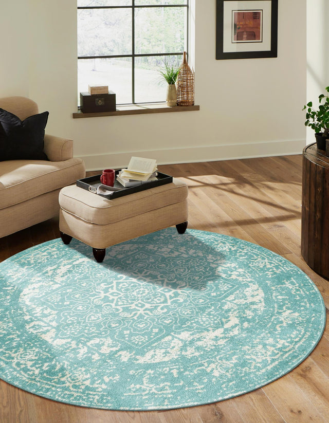 Aqua 7' 10 x 7' 10 Richmond Round Area Rug Vintage Distressed Look Traditional Design Carpet for Unique Home Interior Design for Sale at Rug Engine