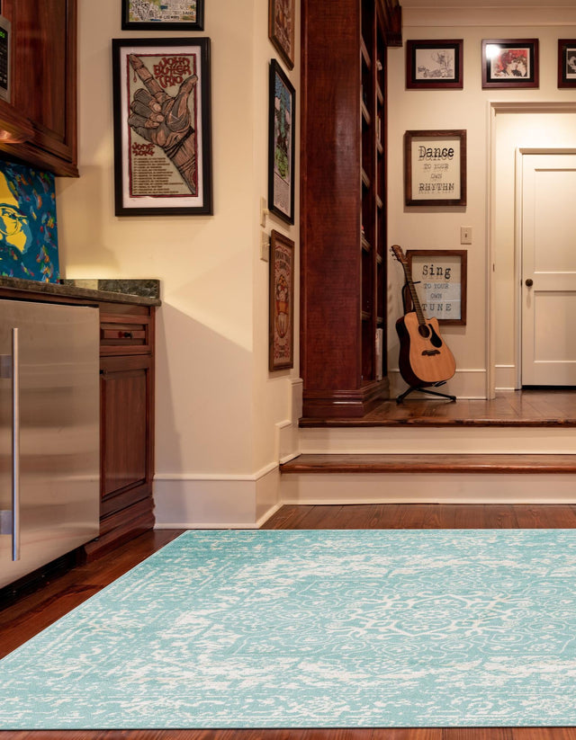 Aqua 5' 3 x 5' 3 Richmond Square Area Rug Vintage Distressed Look Traditional Design Carpet for Unique Home Interior Design for Sale at Rug Engine