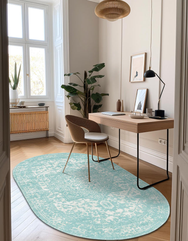 Aqua 5' 3 x 8' Richmond Oval Area Rug Vintage Distressed Look Traditional Design Carpet for Unique Home Interior Design for Sale at Rug Engine