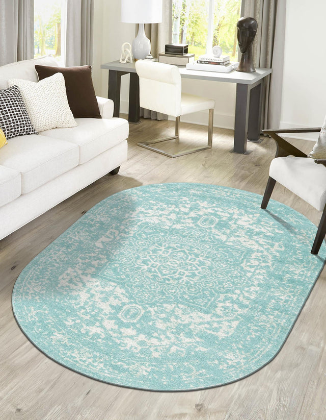Aqua 7' 10 x 10' Richmond Oval Area Rug Vintage Distressed Look Traditional Design Carpet for Unique Home Interior Design for Sale at Rug Engine
