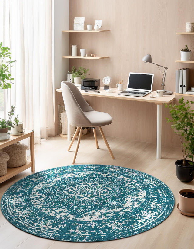 Turquoise 5' 3 x 5' 3 Richmond Round Area Rug Vintage Distressed Look Traditional Design Carpet for Unique Home Interior Design for Sale at Rug Engine