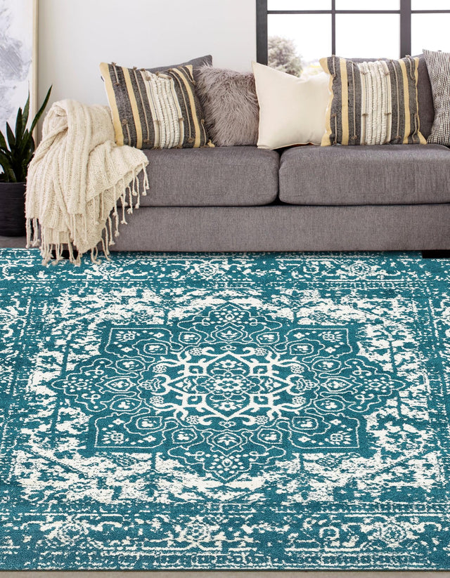 Turquoise 7' 10 x 7' 10 Richmond Square Area Rug Vintage Distressed Look Traditional Design Carpet for Unique Home Interior Design for Sale at Rug Engine