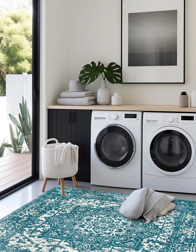 Turquoise 5' 3 x 5' 3 Richmond Square Area Rug Vintage Distressed Look Traditional Design Carpet for Unique Home Interior Design for Sale at Rug Engine