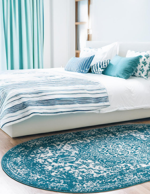 Turquoise 7' 10 x 10' Richmond Oval Area Rug Vintage Distressed Look Traditional Design Carpet for Unique Home Interior Design for Sale at Rug Engine