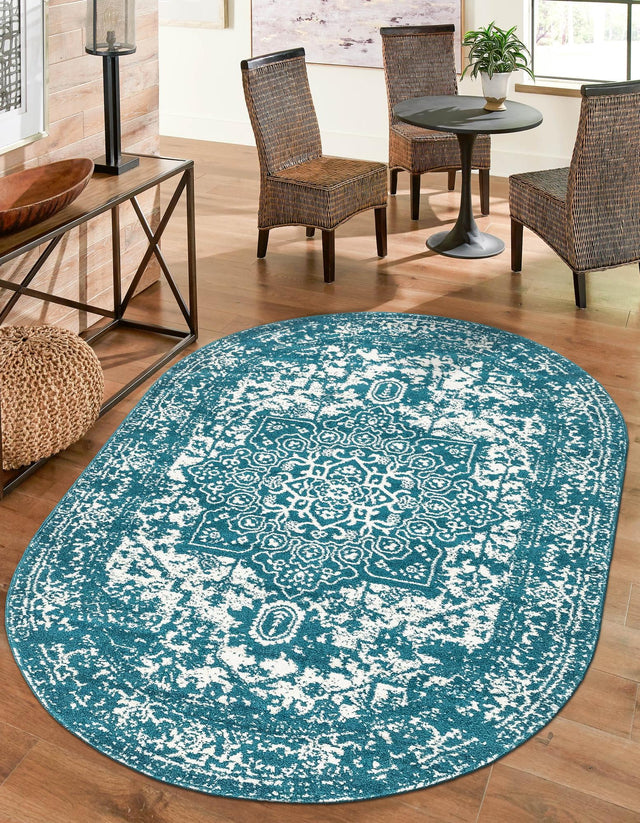 Turquoise 7' 10 x 10' Richmond Oval Area Rug Vintage Distressed Look Traditional Design Carpet for Unique Home Interior Design for Sale at Rug Engine