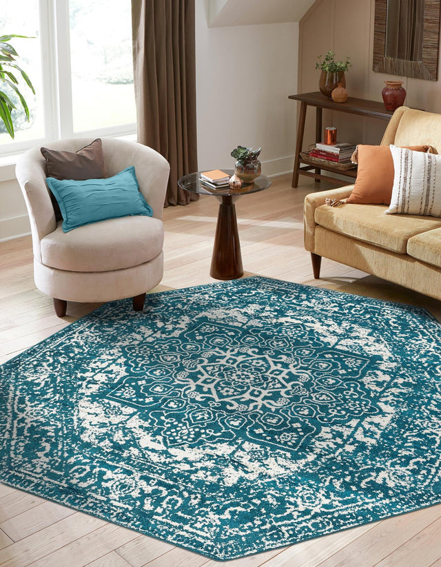 Turquoise 5' 3 x 5' 3 Richmond Octagon Area Rug Vintage Distressed Look Traditional Design Carpet for Unique Home Interior Design for Sale at Rug Engine