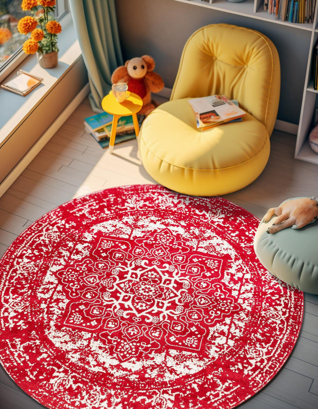 Red 7' 10 x 7' 10 Richmond Round Area Rug Vintage Distressed Look Traditional Design Carpet for Unique Home Interior Design for Sale at Rug Engine