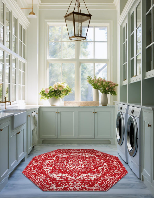 Red 7' 10 x 7' 10 Richmond Octagon Area Rug Vintage Distressed Look Traditional Design Carpet for Unique Home Interior Design for Sale at Rug Engine