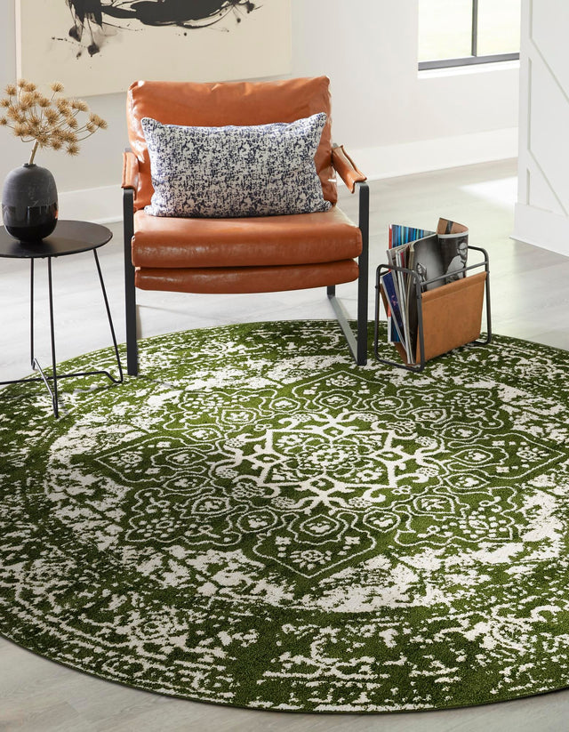 Green 10' x 10' Richmond Round Area Rug Vintage Distressed Look Traditional Design Carpet for Unique Home Interior Design for Sale at Rug Engine