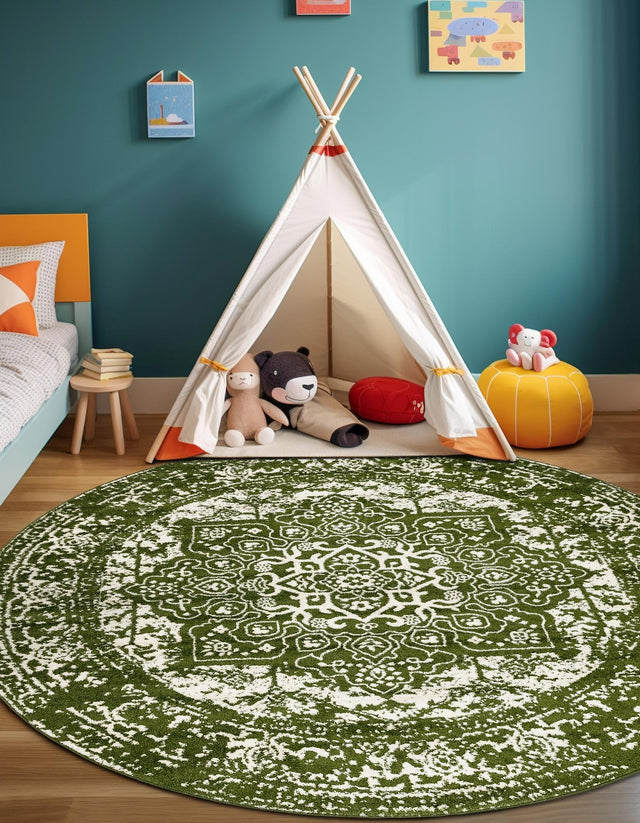 Green 10' x 10' Richmond Round Area Rug Vintage Distressed Look Traditional Design Carpet for Unique Home Interior Design for Sale at Rug Engine