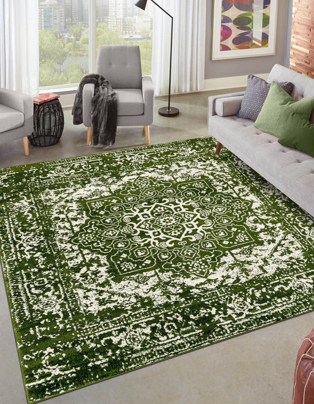 Green 5' 3 x 5' 3 Richmond Square Area Rug Vintage Distressed Look Traditional Design Carpet for Unique Home Interior Design for Sale at Rug Engine