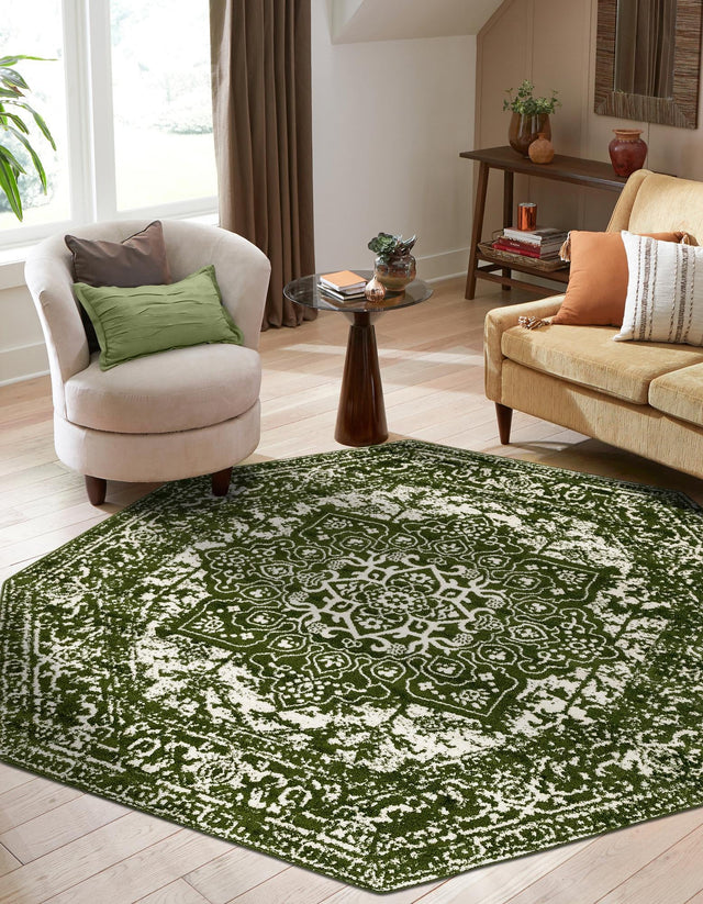 Green 7' 10 x 7' 10 Richmond Octagon Area Rug Vintage Distressed Look Traditional Design Carpet for Unique Home Interior Design for Sale at Rug Engine